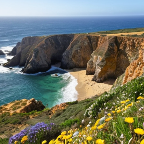 Home 11 **
A picturesque coastal view along the Rota Vicentina in Alentejo, Portugal. Capture a rugged coastline with dramatic cliffs overlooking the Atlantic Ocean. Include wildflowers in the foreground and a winding hiking trail. The image should evoke a sense of adventure and tranquility.
**