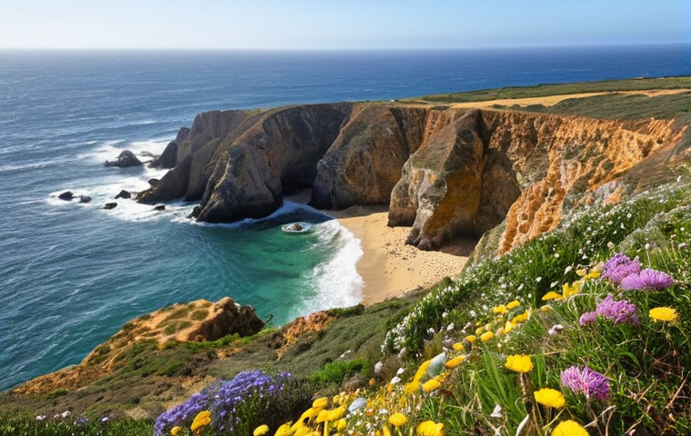 **
A picturesque coastal view along the Rota Vicentina in Alentejo, Portugal. Capture a rugged coastline with dramatic cliffs overlooking the Atlantic Ocean. Include wildflowers in the foreground and a winding hiking trail. The image should evoke a sense of adventure and tranquility.
**