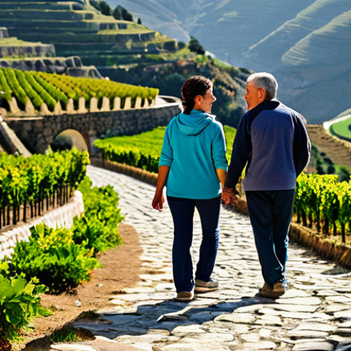 Home 6 A professional image of two adult hikers, one male and one female, fully clothed in modest, durable trekking attire, walking side-by-side on a historical stone path in the heart of the Douro Valley, Portugal. They are engaged in a genuine, warm conversation, with natural expressions of listening and sharing. The background features ancient terraced vineyards, traditional Portuguese architecture, and a soft, natural light illuminating the scene. perfect anatomy, correct proportions, natural pose, well-formed hands, proper finger count, natural body proportions, professional photography, high quality, safe for work, appropriate content, fully clothed, family-friendly, appropriate attire.