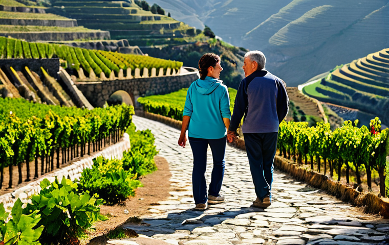 A professional image of two adult hikers, one male and one female, fully clothed in modest, durable trekking attire, walking side-by-side on a historical stone path in the heart of the Douro Valley, Portugal. They are engaged in a genuine, warm conversation, with natural expressions of listening and sharing. The background features ancient terraced vineyards, traditional Portuguese architecture, and a soft, natural light illuminating the scene. perfect anatomy, correct proportions, natural pose, well-formed hands, proper finger count, natural body proportions, professional photography, high quality, safe for work, appropriate content, fully clothed, family-friendly, appropriate attire.