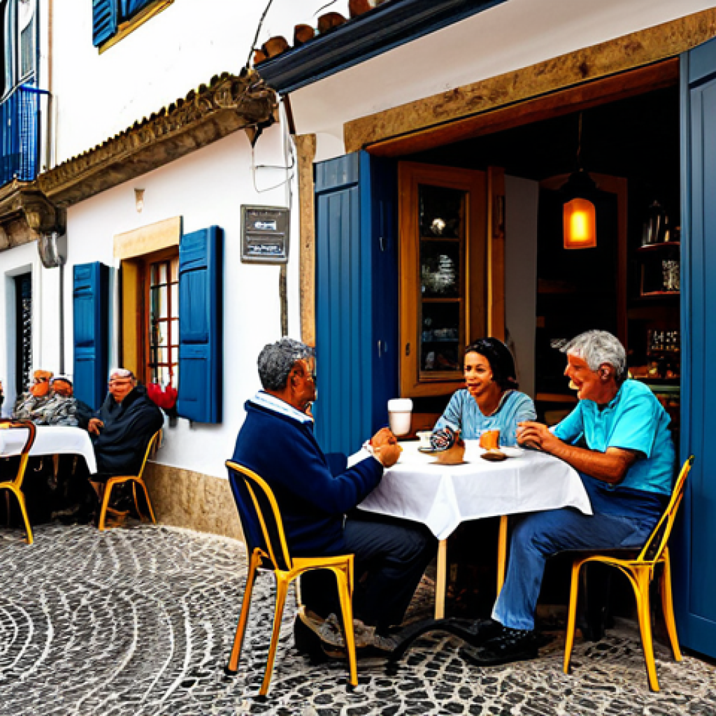 Village Cafe Scene**

"A cozy cafe in a small Portuguese village, filled with locals drinking coffee, fully clothed in modest attire, appropriate content, safe for work, natural lighting, perfect anatomy, well-formed hands, proper finger count, professional photography, family-friendly."

**