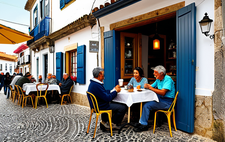 Village Cafe Scene**

"A cozy cafe in a small Portuguese village, filled with locals drinking coffee, fully clothed in modest attire, appropriate content, safe for work, natural lighting, perfect anatomy, well-formed hands, proper finger count, professional photography, family-friendly."

**
