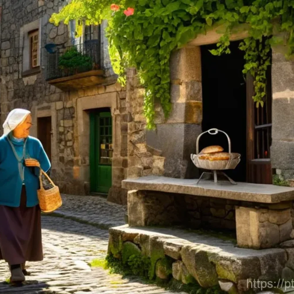 역사적 도보 루트 트레킹의 사회적 영향 - A lively scene capturing the essence of revitalization in a traditional Portuguese schist village. T...