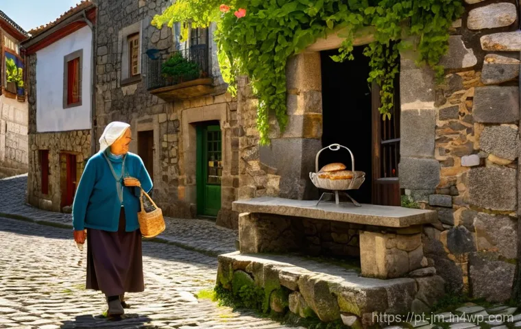 역사적 도보 루트 트레킹의 사회적 영향 - A lively scene capturing the essence of revitalization in a traditional Portuguese schist village. T...