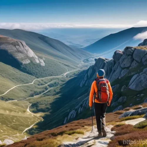 역사적 도보 루트 트레킹에서의 네비게이션 기술 - **"A solo hiker, dressed in modest and durable outdoor apparel including hiking pants and a long-sle...