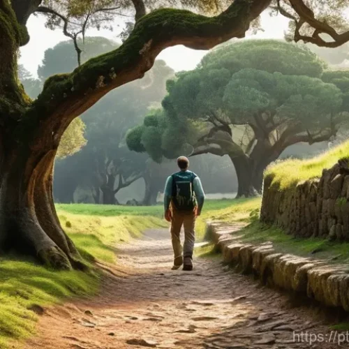 역사적 도보 루트 트레킹의 문화 유산 - **Prompt:** A lone hiker, approximately 30-40 years old and dressed in practical, earth-toned trekki...