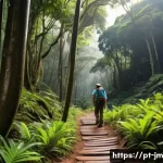 Home 22 역사적 도보 루트 트레킹을 위한 전문 용어 정리 - A detailed scene of a historical hiking trail in a lush Brazilian forest during daylight, featuring ...