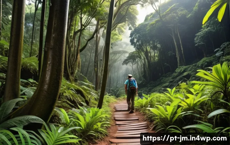 역사적 도보 루트 트레킹을 위한 전문 용어 정리 - A detailed scene of a historical hiking trail in a lush Brazilian forest during daylight, featuring ...