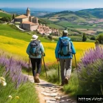 Home 20 역사적 도보 루트 트레킹의 지속적인 학습 - A scenic, detailed view of the Camino de Santiago trail in Spain during springtime, featuring pilgri...