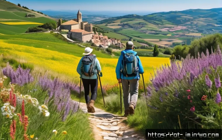 역사적 도보 루트 트레킹의 지속적인 학습 - A scenic, detailed view of the Camino de Santiago trail in Spain during springtime, featuring pilgri...