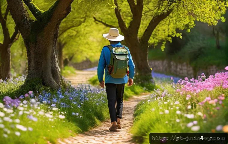 계절별 역사적 도보 루트 트레킹 추천 - A scenic springtime historical trail winding through lush Portuguese countryside, ancient cobbleston...