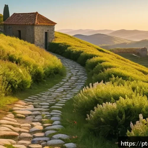 Home 30 역사적 도보 루트 트레킹의 언어와 표현 - A scenic historical hiking trail in northern Portugal during golden hour, featuring ancient stone ma...