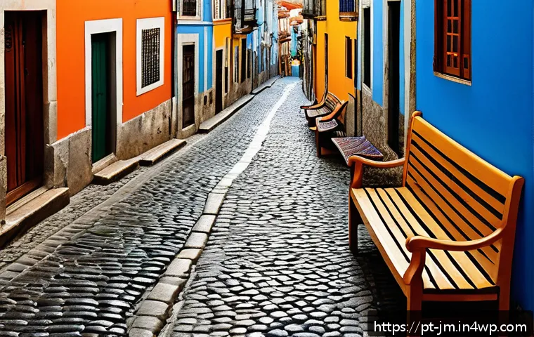 역사적 도보 루트 트레킹의 전통 문화 체험 - A lively street scene in a historic Portuguese neighborhood during a sunny afternoon, featuring cobb...